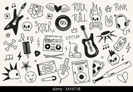Rock n Roll-Symbol. Punk-Musik-Doodle-Aufkleber mit Gitarrenherz, Rock-and-Roll-Band-Abzeichen, handgezeichnete Rock-Musik-Schilder für Logo und Tattoo Stock Vektor