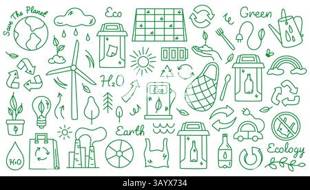 Kritzeln Sie Öko-Symbole. Recycling von Öko-Zeichen für umweltfreundliche erneuerbare Energien, Umweltzeichen für Energieeffizienz und Abfallrecycling. Vektor Stock Vektor