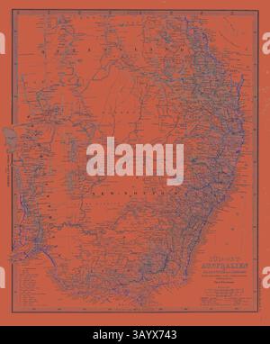 Eine detaillierte Karte zeigt die südöstliche Region Australiens mit geografischen Grenzen, Städten und verschiedenen Wahrzeichen vor einem leuchtenden orangen Hintergrund. Australien Karte Gotha Justus Perthes Atlas 1872. Perthes Johan Georg Justus 1749 1816 Deutscher Verlag wurde 1749 in Rudolstadt geboren. 1785 gründete er in Gotha The Business, das seinen Namen Justus Perthes trägt. Dazu gesellte sich 1814 sein Sohn Wilhelm 1793 1853. Er legte den Grundstein für die geographische Niederlassung des Unternehmens, für die es vor allem durch die Veröffentlichung des and-Atlas (1817–1823) von Adolf Stieler bekannt ist Stockfoto