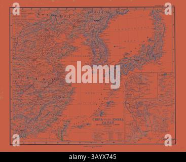 Eine detaillierte historische Karte mit Regionen von China, Korea und Japan, mit komplexen geografischen und politischen Grenzen sowie beschrifteten Städten und Wasserkörpern, die alle auf einem leuchtenden orangefarbenen Hintergrund dargestellt werden. Gotha Justus Perthes Atlas 1872. Perthes Johan Georg Justus 1749 1816 Deutscher Verlag wurde 1749 in Rudolstadt geboren. 1785 gründete er in Gotha The Business, das seinen Namen Justus Perthes trägt. Dazu gesellte sich 1814 sein Sohn Wilhelm 1793 1853. Er legte den Grundstein für die geographische Niederlassung des Unternehmens, für die es vor allem durch die Veröffentlichung des und bekannt ist Stockfoto