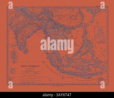 Eine historische Karte von Asien, die Indien und Südostasien besonders zeigt, mit detaillierten geografischen Informationen verziert und in deutscher Sprache beschriftet, vor einem leuchtenden orangen Hintergrund. Gotha Justus Perthes Atlas 1872. Perthes Johan Georg Justus 1749 1816 Deutscher Verlag wurde 1749 in Rudolstadt geboren. 1785 gründete er in Gotha The Business, das seinen Namen Justus Perthes trägt. Dazu gesellte sich 1814 sein Sohn Wilhelm 1793 1853. Er legte den Grundstein für die geographische Niederlassung des Unternehmens, für die es vor allem durch die Veröffentlichung des and-Atlas (1817–1823) von Adolf Stieler bekannt ist Stockfoto