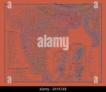 Eine historische Karte von Indien und angrenzenden Regionen mit detaillierten geografischen Grenzen, Städten und Wasserstraßen, präsentiert auf einem leuchtenden orangefarbenen Hintergrund. Einsätze heben bestimmte Bereiche hervor und verbessern die kartographische Darstellung insgesamt. Indien Karte Gotha Justus Perthes Atlas 1876. Perthes Johan Georg Justus 1749 1816 Deutscher Verlag wurde 1749 in Rudolstadt geboren. 1785 gründete er in Gotha The Business, das seinen Namen Justus Perthes trägt. Dazu gesellte sich 1814 sein Sohn Wilhelm 1793 1853. Er legte den Grundstein für die geographische Niederlassung des Unternehmens, für die es hauptsächlich zuständig ist Stockfoto