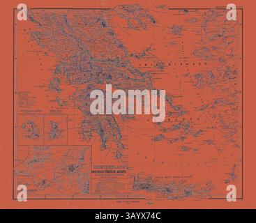 Eine detaillierte Karte Griechenlands mit verschiedenen Regionen, Inseln und geografischen Wahrzeichen, alle vor einem auffälligen orangen Hintergrund. Die Karte enthält Navigationsdetails und Anmerkungen in deutscher Sprache, die historische Routen und Orte hervorheben. Griechenland Karte 1873 Gotha Justus Perthes Atlas 1872. Perthes Johan Georg Justus 1749 1816 Deutscher Verlag wurde 1749 in Rudolstadt geboren. 1785 gründete er in Gotha The Business, das seinen Namen Justus Perthes trägt. Dazu gesellte sich 1814 sein Sohn Wilhelm 1793 1853. Er legte den Grundstein für die geographische Niederlassung des Unternehmens Stockfoto