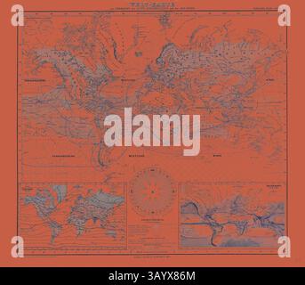 Eine stilisierte Karte mit einem leuchtenden orangefarbenen Hintergrund mit detaillierten Umrissen von Kontinenten, Meeresströmungen und geografischen Merkmalen, begleitet von einer Kompassrose und Informationen über verschiedene globale Regionen. Weltkarte Gotha Justus Perthes Atlas 1872. Perthes Johan Georg Justus 1749 1816 Deutscher Verlag wurde 1749 in Rudolstadt geboren. 1785 gründete er in Gotha The Business, das seinen Namen Justus Perthes trägt. Dazu gesellte sich 1814 sein Sohn Wilhelm 1793 1853. Er legte den Grundstein für die geographische Niederlassung des Unternehmens, für die es vor allem durch die Veröffentlichung des and-Atlas bekannt ist Stockfoto