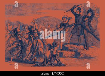 Eine lebhafte Theaterszene entfaltet sich, in der elegant gekleidete Darsteller eine dramatische Auseinandersetzung führen. Im Vordergrund drücken Tänzer intensive Emotionen durch ihre Bewegungen aus, während eine Menge Zuschauer das sich abzeichnende Spektakel im Hintergrund beobachtet und auf eine reiche Erzählung von Performance und Unterhaltung hindeutet. Szene aus dem Happy Land im Court Theatre 1873 Klassische Kunst mit modernem Touch, neu interpretiert von Artotop Stockfoto