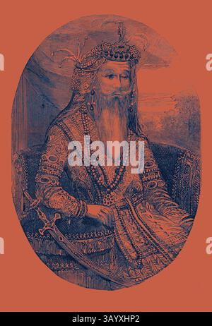 Eine königliche Figur in raffinierter traditioneller Kleidung mit komplizierten Mustern und Schmuck sitzt elegant mit einem Schwert an der Seite und vermittelt ein Gefühl von Macht und Adel. Der verstorbene Gholab Singh Maharaja of Cashmere Classic Art mit einem modernen Twist, der von Artotop neu interpretiert wurde Stockfoto