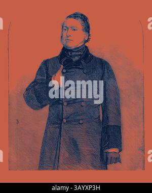 Eine herausragende Figur steht selbstbewusst in einem maßgeschneiderten Mantel mit hohem Kragen, der elegant auf der Brust liegt. Der Hintergrund setzt einen lebendigen Kontrast und unterstreicht sein vorzügliches Auftreten und seinen nachdenklichen Ausdruck. Edwin James Esq. M.P. für Marylebone aus einer Fotografie von John Watkins Parliament Street Classic Art mit einem modernen Twist, der von Artotop neu gestaltet wurde Stockfoto