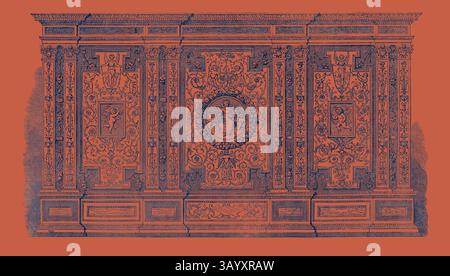 Eine kunstvoll verzierte Wandtafel mit komplizierten Schnitzereien und dekorativen Motiven, mit einem zentralen Medaillon umgeben von raffinierten floralen und geometrischen Mustern, alle vor einem lebendigen Hintergrund. Intarsien-Schrank, Gruner und die Herren Dowbiggin Klassische Kunst mit einem modernen Touch, der von Artotop neu gestaltet wurde Stockfoto