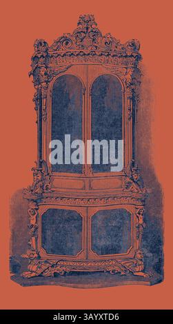 Ein kunstvoller Schrank mit komplizierten Schnitzereien und geschwungenen Kurven, verziert mit dekorativen Motiven, die einen luxuriösen und Vintage-Stil widerspiegeln. Das Stück zeigt hohe bogenförmige Glastüren, die einen Blick auf das Innere des Gebäudes einladen. Schrank Klassische Kunst mit einem modernen Touch, neu gestaltet von Artotop Stockfoto