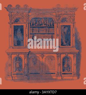 Ein wunderschön verziertes Bücherregal mit aufwändigen Schnitzereien, dekorativen Urnen und Regalen mit Büchern. Das Design besticht durch üppige Details und elegante Symmetrie, die einen auffälligen Blickpunkt bilden. Schrank, Tanner Klassische Kunst mit einem modernen Touch, neu interpretiert von Artotop Stockfoto