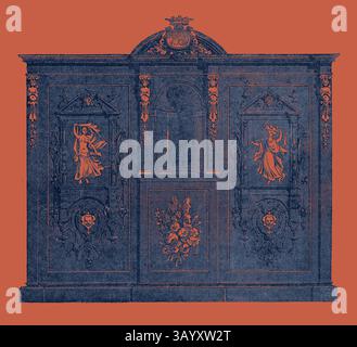 Ein kunstvoller Schrank mit komplizierten Schnitzereien von Figuren auf beiden Seiten, verziert mit Blumenmotiven und dekorativen Elementen, eingerahmt von einer großen architektonischen Spitze. Bücherregal in Ebony, große Ausstellung Klassische Kunst mit modernem Touch, neu gestaltet von Artotop Stockfoto