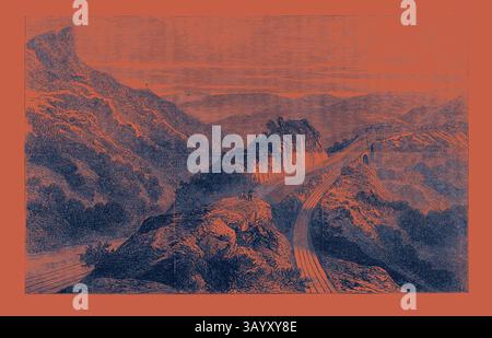 Eine malerische Landschaft mit kurvenreichen Straßen, die durch zerklüftetes Gelände führen, umgeben von sanften Hügeln und fernen Bergen. Die Szene vermittelt ein Gefühl von Abenteuer und Entdeckungen mit der rauen Schönheit der Natur. The Disaster on the Great Indian Peninsula Railway: The Wendestation Bhore Ghaut 1869 Klassische Kunst mit einem modernen Twist von Artotop neu interpretiert Stockfoto