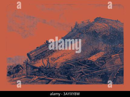 Eine Vintage-Szene, die einen entgleisten Zug auf einem felsigen Hang darstellt, mit Arbeitern und Resten von Maschinen, die verstreut sind, was ein Gefühl von industriellen Umwälzungen und den Herausforderungen früherer Transporte weckt. The Disaster on the Great Indian Peninsula Railway: Scene of the Incident 1869 Klassische Kunst mit einem modernen Twist, neu interpretiert von Artotop Stockfoto