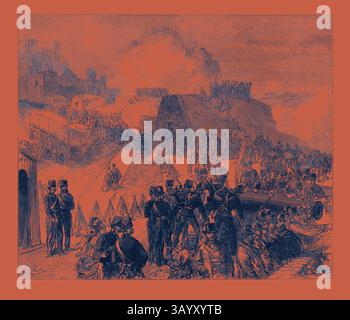 Eine historische Szene, die ein militärisches Lager und eine Kampfvorbereitung darstellt, mit Soldaten in Uniform, Artillerie und einer Festung im Hintergrund, die ein Gefühl von Spannung und Vorfreude weckt. The Volunteer Review at Dover: Defense of the Castle Batteries UK 1869 Klassische Kunst mit einem modernen Twist, neu interpretiert von Artotop Stockfoto