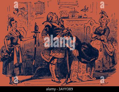 Eine Szene mit einer Gruppe elegant gekleideter Charaktere, in der eine Frau vor einem Mann in Militärkleidung kniet, während eine andere Frau in der Nähe steht und ein Schwert hält. Das Ambiente vermittelt eine Mischung aus Drama und Humor mit einer häuslichen Kulisse, die auf einen historischen oder theatralischen Kontext hinweist. Charles Dickens Barnaby Rudge 1841 Illustration aus dem 19. Jahrhundert Klassische Kunst mit einem modernen Twist von Artotop Stockfoto