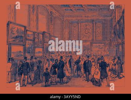 Eine belebte Kunstgalerie voller elegant gekleideter Mäzene, die verschiedene Gemälde bewundern, während lebhafte Gespräche und Interaktionen in einer kunstvollen architektonischen Kulisse stattfinden. Ausstellung der City of London Society of Artists in Skinners' Hall Cannon Street 1880 Klassische Kunst mit einem modernen Twist, neu gestaltet von Artotop Stockfoto