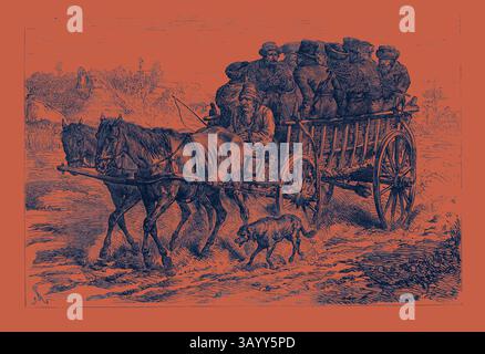 Eine Szene, die einen Pferdewagen darstellt, der mehrere Personen in Begleitung eines Hundes transportiert, vor ländlicher Kulisse. Die Figuren tragen traditionelle Kleidung, die ein Gefühl der Nostalgie für eine vergangene Ära weckt. Polnische Juden auf dem Weg zum Markt: An der Polnisch-russischen Grenze 1880 Klassische Kunst mit einem modernen Twist, neu interpretiert von Artotop Stockfoto