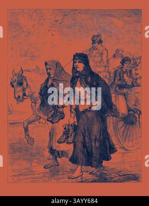 Zwei Frauen, die in langen Röcken und Tüchern gekleidet sind, laufen barfuß auf einer Straße, jede mit Schuhen. Eine Frau scheint tief in Gedanken, während die andere nach vorne blickt. Im Hintergrund sind eine Pferdekutsche und mehrere Figuren zu sehen, die eine Szene des Alltags schaffen. Irland: Going to Church 1880 Klassische Kunst mit modernem Touch, neu interpretiert von Artotop Stockfoto