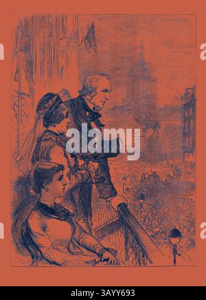 Ein angesehener Mann zeigt eine große, begeisterte Menschenmenge, die sich unten versammelt hat, mit historischen Gebäuden im Hintergrund. Zwei elegant gekleidete Frauen stehen neben ihm und beobachten die Szene mit großem Interesse. Fahnen flattern in der Brise und tragen zur Atmosphäre eines bedeutsamen Ereignisses bei. Die Wahl in den Midlothian: Mr. Gladstone spricht vor der Menge vom Balkon des Lord Rosebery's House in der George Street Edinburgh, 8 UHR Montag, 5. April 1880 Klassische Kunst mit einem modernen Twist, neu interpretiert von Artotop Stockfoto