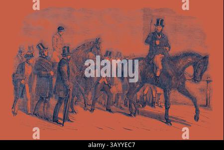 Eine Gruppe elegant gekleideter Männer versammelt sich, wobei einer selbstbewusst auf einem Pferd reitet. Andere scheinen in Gesprächen verwickelt zu sein, während eine Figur auf einer Plattform im Hintergrund steht und die lebendige Szene eines historischen Ereignisses oder einer Zusammenkunft ergänzt. Stockwell, Gewinner der St. Leger, kehrt zurück zu Wiegh, 1852 Klassische Kunst mit einem modernen Twist von Artotop Stockfoto