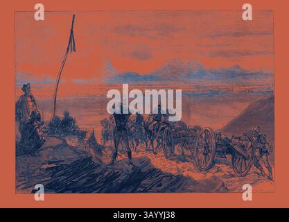 Eine historische Szene, in der eine Gruppe von Soldaten und Artillerie durch eine zerklüftete Landschaft mit fernen Bergen unter einem riesigen Himmel bewegt wird. Im Vordergrund steht eine Figur, die eine Flagge hält, während andere mit ihrer Ausrüstung umgehen, was auf einen Moment der Vorbereitung auf einen militärischen Feldzug hindeutet. The Afghan war: First View of Candahar 1879 Klassische Kunst mit modernem Touch, neu interpretiert von Artotop Stockfoto