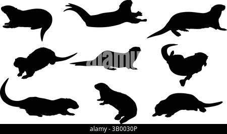 Silhouette vieler Otter in verschiedenen Posen auf weißem Hintergrund mit verschiedenen Otter-Positionen Stock Vektor