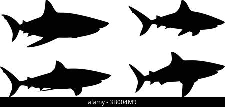 Vier Haifischsilhouetten, die in verschiedene Richtungen schwimmen, auf einer weißen Illustration Stock Vektor