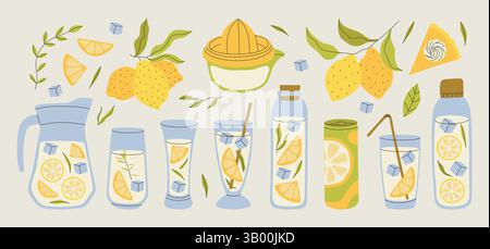 Set mit erfrischenden Limonaden im Sommer in Gläsern Stock Vektor