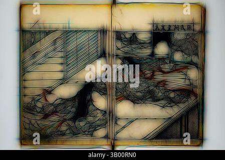 Eine komplizierte Illustration zeigt eine surreale Landschaft mit fließenden Linien und abstrakten Formen, mit einer Reihe von Treppen, die in einen geheimnisvollen Raum führen, der mit wellenartigen Formen und dunklen Schatten geschmückt ist. Die Komposition weckt eine traumhafte Atmosphäre und lädt zu Entdeckungen in ihre geheimnisvollen Details ein. Klassische Kunst mit modernem Touch, neu interpretiert von Artotop Stockfoto