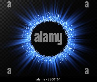 Ein atemberaubendes, funkelndes, kreisförmiges Design in leuchtendem Blau mit hellen Lichteffekten, die das Auge in ihren Bann ziehen Stock Vektor