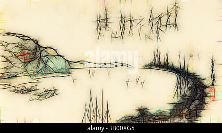 Eine abstrakte Landschaft mit komplizierten, wirbelnden Linien und Formen, die einen Fluss durch ein stilisiertes Gelände schlagen lassen, unterbrochen von scharfen, kantigen Formen, die Bäumen oder Strukturen vor einem weichen Hintergrund ähneln., Klassische Kunst mit modernem Touch, neu interpretiert von Artotop Stockfoto