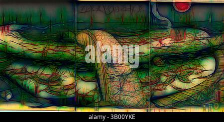 Eine surreale Landschaft mit einem fließenden Fluss, der von abstrakten, farbenfrohen Linien und Formen umgeben ist. Im Hintergrund tragen unkonventionelle Formen und eine große Sonne zu einer traumhaften Atmosphäre bei, während eine Brücke den Fluss überspannt und zum Erkunden einlädt. Klassische Kunst mit modernem Touch, neu interpretiert von Artotop Stockfoto