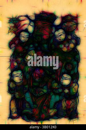 Eine abstrakte Komposition aus einem Gewirr von Figuren und Formen, die mit lebhaften Farben und komplizierten Mustern verwoben sind, schafft ein Gefühl von Tiefe und Komplexität. Im Mittelpunkt steht eine Mischung aus menschlichen Formen und organischen Elementen, die sich zu einer dynamischen und energetischen Darstellung verschmelzen. Klassische Kunst mit einem modernen Twist, neu interpretiert von Artotop Stockfoto