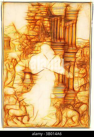 Eine surreale Landschaft mit abstrakten Formen und Strukturen, verflochten mit fließenden Linien und lebendigen Tönen, die eine traumhafte Atmosphäre schaffen. Die Komposition weckt ein Gefühl von Mysterium und Entdeckungen inmitten einer Mischung aus natürlichen und architektonischen Formen. Klassische Kunst mit einer modernen Note, die von Artotop neu interpretiert wurde Stockfoto