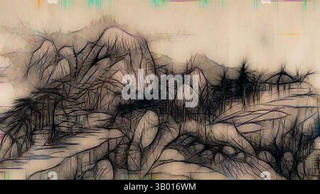 Eine surreale Landschaft mit abstrakten, zerklüfteten Gebirgsformationen und komplizierten, fließenden Linien, die sich durch die Szene verflechten und ein Gefühl von Tiefe und Bewegung wecken. Klassische Kunst mit modernem Touch, neu interpretiert von Artotop Stockfoto