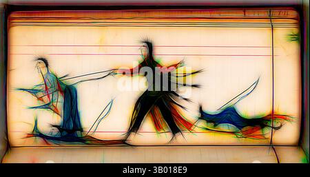 Drei abstrakte Figuren werden in Bewegung dargestellt, deren langgezogene Formen mit lebendigen, fließenden Linien verflochten sind, die Energie und Dynamik suggerieren. Der Hintergrund ist minimal, so dass die farbenfrohen Streifen die Gesten und Interaktionen der Charaktere betonen und ein Gefühl von Bewegung und Emotionen schaffen., Klassische Kunst mit einem modernen Touch, neu interpretiert von Artotop Stockfoto