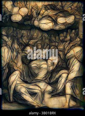 Eine traumhafte Komposition mit abstrakten Figuren, die in eine surreale Landschaft verschlungen sind, mit fließenden Linien und einem Gefühl der Bewegung, die emotionale Tiefe und Verflechtungen weckt., Klassische Kunst mit einem modernen Twist, neu interpretiert von Artotop Stockfoto