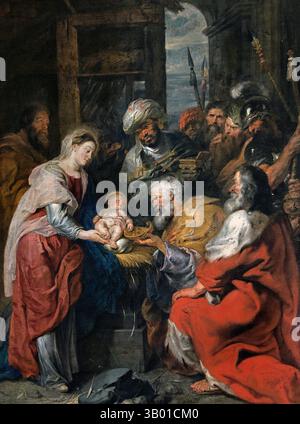 Anbetung der Könige von Peter Paul RUBENS 1577-1640 Flämisch-belgisches Belgien Louvre Paris, Museum für schöne Kunst, Frankreich (Anbetung, Magi, Anbetung der Könige, Geburt Jesu, drei Könige, dargestellt als Könige, fand Jesus, indem er einem Stern folgte, legte ihm Geschenke Gold vor, Weihrauchmyrhe verehren ihn, Zeugen der Geburt, Jesus in Bethlehem, Weihnachten, ) Stockfoto