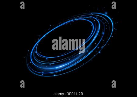 Atemberaubende blaue Spirallichteffekte mit Partikeln auf tiefschwarzem Hintergrund für ein visuelles Spektakel Stock Vektor