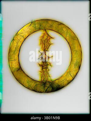 Ein abstraktes Design mit kreisförmigem Muster mit komplexen, lebendigen Texturen und einer zentralen Trennlinie, die ein Gefühl von Tiefe und Bewegung schafft. Klassische Kunst mit modernem Touch, neu interpretiert von Artotop Stockfoto