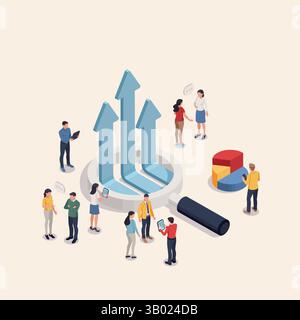Isometrischer Vektor Geschäftsleute arbeiten mit statistischen Daten und Lupe mit Pfeilen nach oben, in Farbe auf hellem Hintergrund, Geschäft Stock Vektor