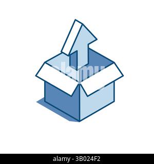 Symbol für isometrische Vektoren mit geöffnetem Feld und Aufwärtspfeil, farbig auf weißem Hintergrund, Laden und Entladen von Paketen und Arbeiten mit Paketen Stock Vektor