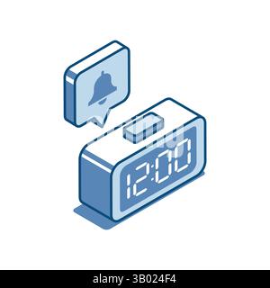 Isometrischer Vektor elektronische Uhr lineares Symbol mit großer Taste und Textblase mit Glocke, in Farbe auf weißem Hintergrund, Wecker oder Timer Stock Vektor