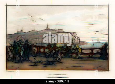 Eine surreale Landschaft mit einem fernen Hügel, der mit einem Turm gekrönt ist, mit abstrakten Interpretationen von Bäumen und Strukturen im Vordergrund, die lebendige Farben und fließende Linien vermischen., Klassische Kunst mit einem modernen Twist, neu interpretiert von Artotop Stockfoto