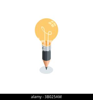 Isometrischer Vektorstift mit einem Glühbirnensymbol, in Farbe auf weißem Hintergrund, Ideengenerator oder kreativ Stock Vektor