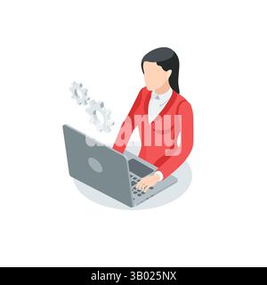 Isometrisches Vektorsymbol einer Frau mit Laptop, in Farbe auf weißem Hintergrund, IT-Expertin oder Moderator Stock Vektor
