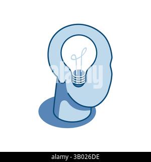 Isometrischer Vektor linearer Symbolkopf mit Glühlampe, in Farbe auf weißem Hintergrund, kreative Idee oder Denken Stock Vektor