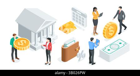 Isometrisches Vektor-Geschäftskonzept mit Menschen und Symbolen von Geld mit Bank und Kalender, in Farbe auf weißem Hintergrund, Einzahlung und Geld oder Geld Stock Vektor