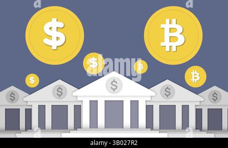 Traditionelles Finanzwesen vs. Krypto, mehrere stilisierte Gebäudefassaden, die Banken, Finanzinstituten ähneln, Dollarzeichen auf Giebeln, Interaktion Stockfoto