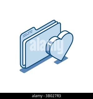 Isometrischer Vektor, lineares Symbol, Ordner und Herz, in Farbe auf weißem Hintergrund, Favorit oder Lesezeichen Stock Vektor